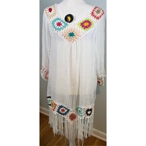Kaliko Crochet Tunic One Size Granny Square Fringe Boho Coverup White